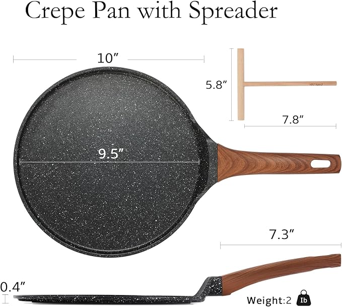 ESLITE LIFE 9.5 Inch Crepe Pan with Spreader, Nonstick Granite Coating Dosa Pan, Roti Tawa Comal Para Tortillas Pancake Griddle Pan, Induction Compatible, PTFE & PFOA Free, Black (Pack of 2)