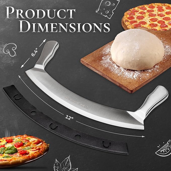 Mezzaluna Knife with Double Handle for Extra Stability - 12 Inches - Pizza Rocker for Precise Slicing of Thick Crust - Grade 18/0 Stainless Steel with Premium Finish