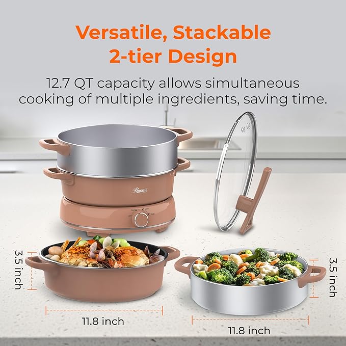 Rosewill 12.7 QT Electric Hot Pot Slow Cooker with Multiple Functions, Split Design with 11.8 inch Wider Cooking Pot and SUS Steam Basket, 1600W High Power, Includes Utensils - Mocha