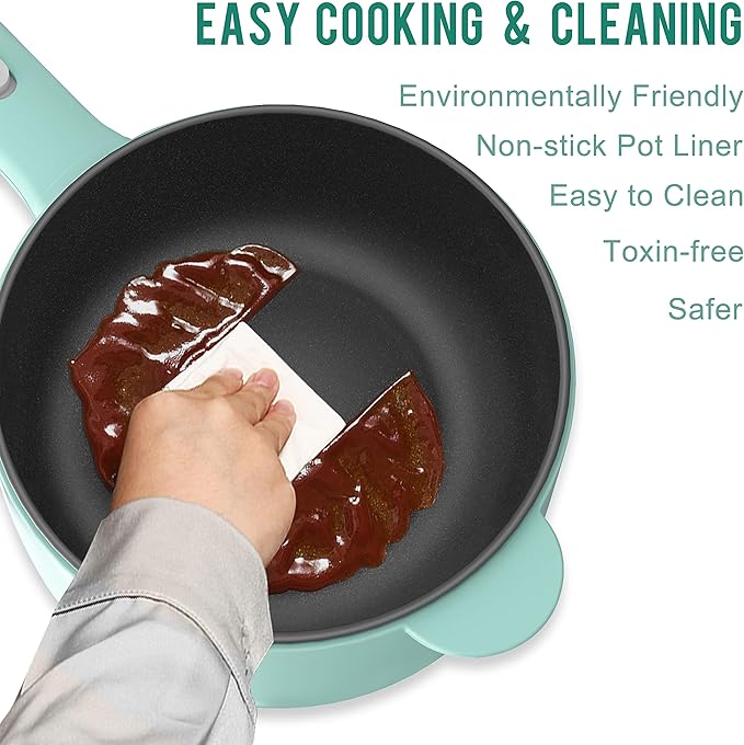 Dezin Hot Pot Electric, 2L Non-Stick Sauté Pan, Rapid Noodles Cooker, Mini Portable Pot for Steak, Egg, Fried Rice, Ramen, Oatmeal, Soup with Power Adjustment & Spatula, College Dorm Room Essential