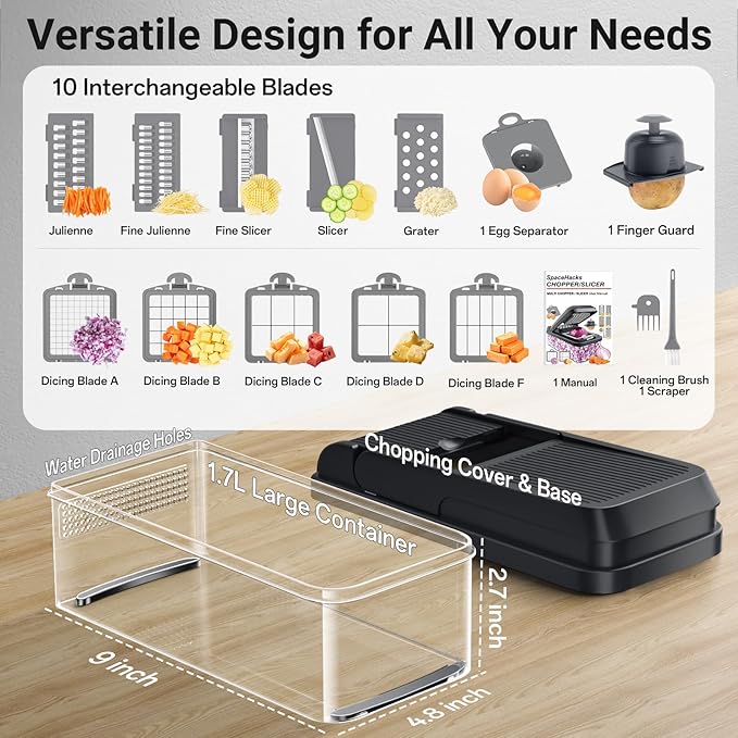 15-in-1 Vegetable Chopper, Kitchen Gadgets with 10 Blades, Veggie, Food, Onion Chopper, Cucumber Slicer, Versatile Mandoline, Includes Egg Separator & Finger Guard, Gray