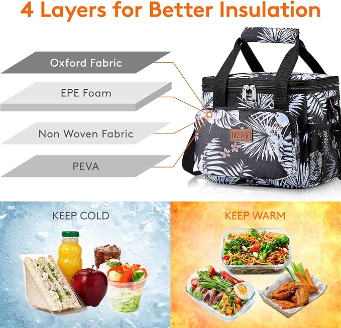 Lifewit Medium Lunch Bag Insulated Lunch Box Soft Cooler Cooling Tote for Adult Men Women, Flower 12-Can (9L)