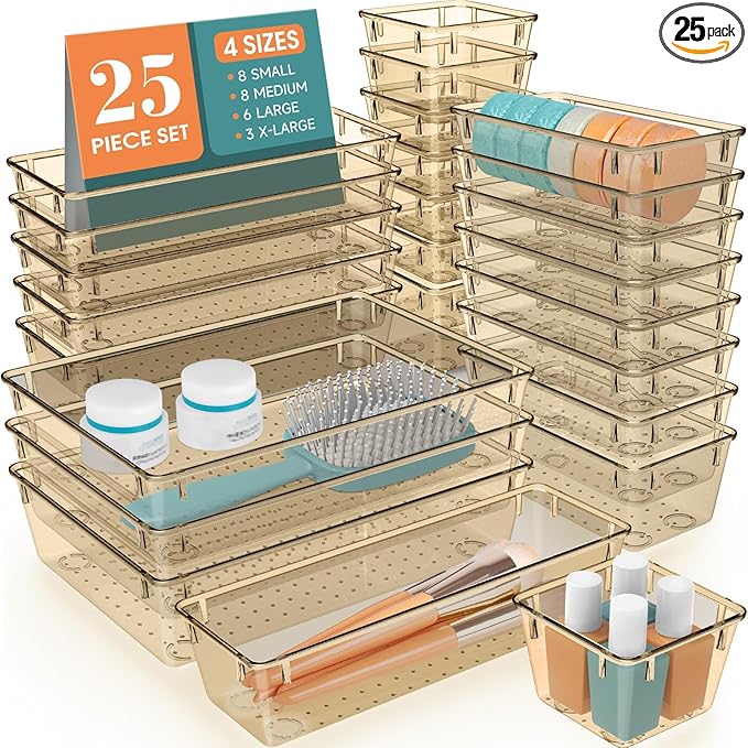 25 PCS Drawer Organizer Set, 5 Varied Size Bathroom and kitchen Drawer cabinet organizer Trays, Clear Storage Bins for Makeup, Jewelry, Utensils and Gadgets, Champagne