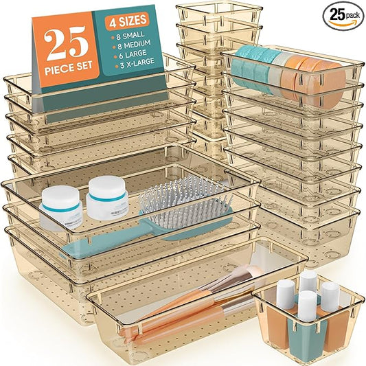 25 PCS Drawer Organizer Set, 5 Varied Size Bathroom and kitchen Drawer cabinet organizer Trays, Clear Storage Bins for Makeup, Jewelry, Utensils and Gadgets, Champagne