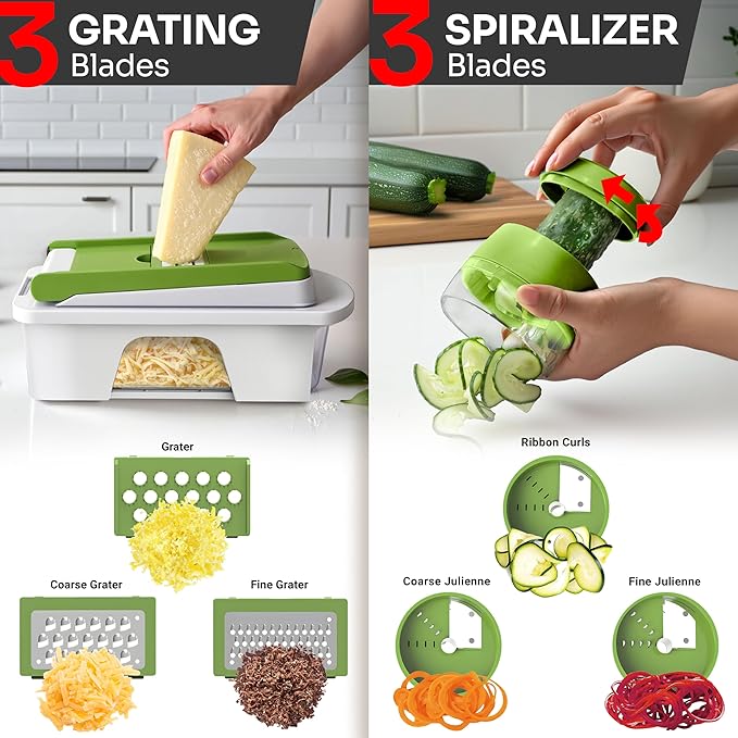 Mueller Pro-Series All-in-One, 12 Blade Mandoline Slicer for Kitchen, Food Chopper, Vegetable Slicer and Spiralizer, Cutter, Dicer, Grater, Kitchen Gadgets Sets with Container, White Sand/Pastel Green