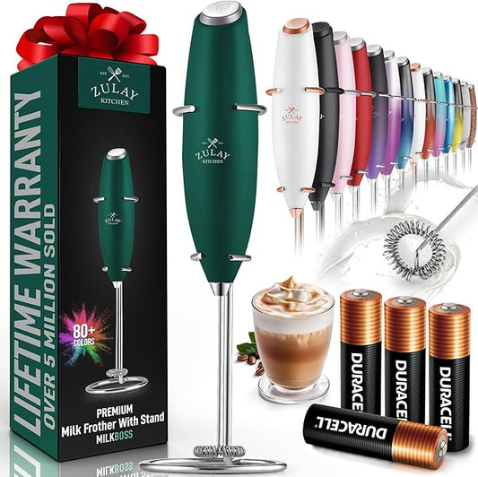 Zulay Kitchen Powerful Milk Frother Wand With 4 AA Duracell Batteries - Ultra Fast Handheld Drink Mixer - Electric Whisk Foam Maker for Coffee, Lattes, Cappuccino, Matcha & Creamer