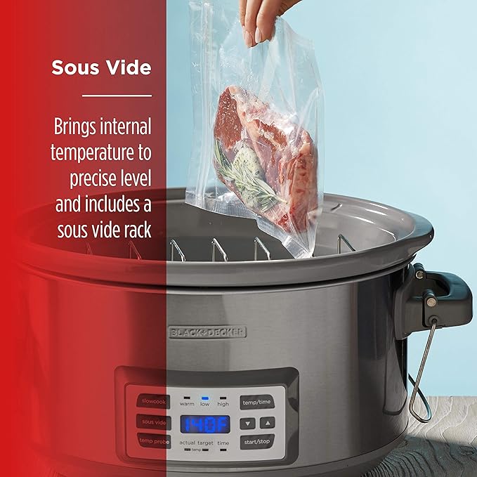 BLACK+DECKER 7-Quart Digital Slow Cooker, SCD7007SSD, Temperature Probe, Sous-Vide, Locking Lid, Removable Stoneware Crock
