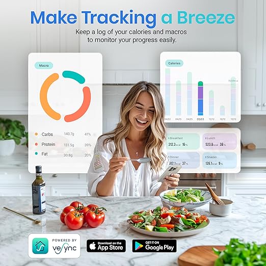 Etekcity Smart Food Kitchen Scale with Nutritional Calculator, Free App with 19 Nutrients Tracking, Calorie, Marco, Digital grams and ounces for weight loss, Premium Stainless Steel, 11lb