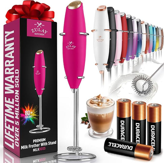 Zulay Kitchen Powerful Milk Frother Wand With 4 AA Duracell Batteries - Ultra Fast Handheld Drink Mixer - Electric Whisk Foam Maker for Coffee, Lattes, Cappuccino, Matcha & Creamer