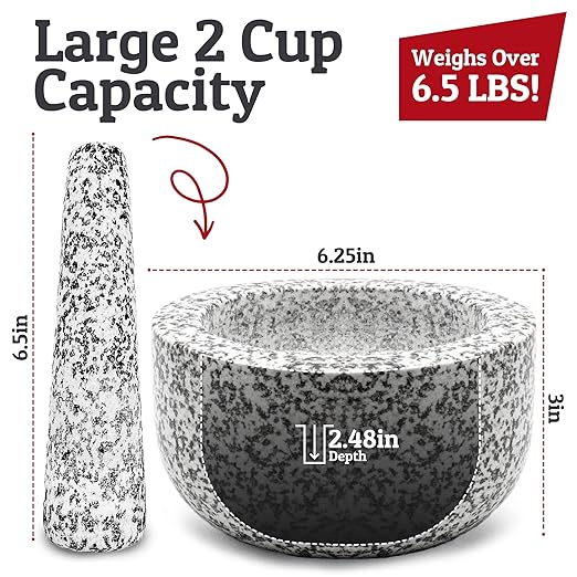 PriorityChef Heavy Duty Natural Granite Mortar and Pestle Set, 2 Cup, Carved from Natural Granite, Make Fresh Guacamole, Stone Grinder Bowl, Herb Crusher, Spice Grinder, White