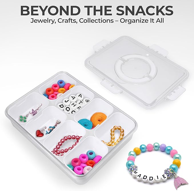 Snackle Box Container with Lid Travel Charcuterie Box with Handle Organizer for Candy, Fruit, Nuts, Veggies, Snacks, Beach Essentials, Portable Lunch Box (Bright White, Large)