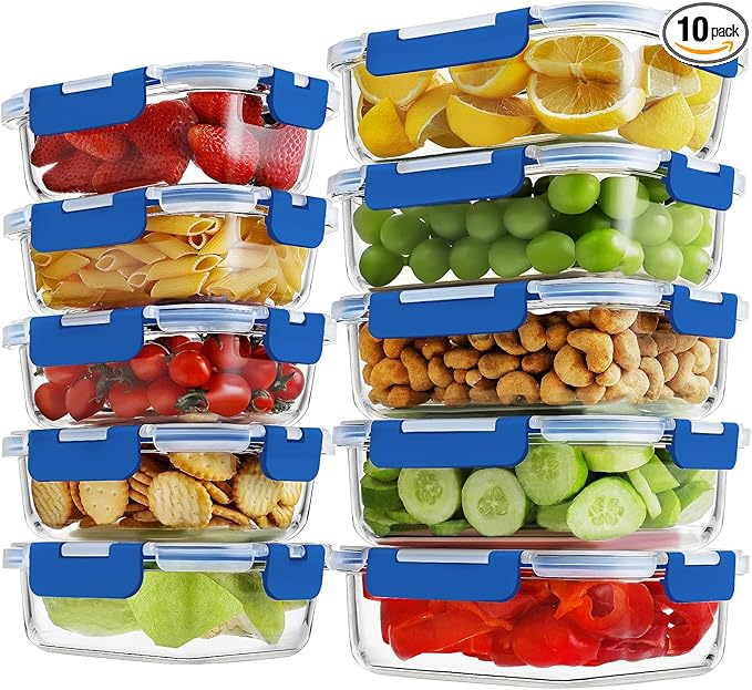 10 Pack Borosilicate Glass Meal Prep Containers with Locking Lids, Glass Food Storage Containers Set, Airtight Lunch Bento Boxes, BPA-Free & Leak Proof, 36oz & 14oz, Freezer, Oven Safe-Deep Blue