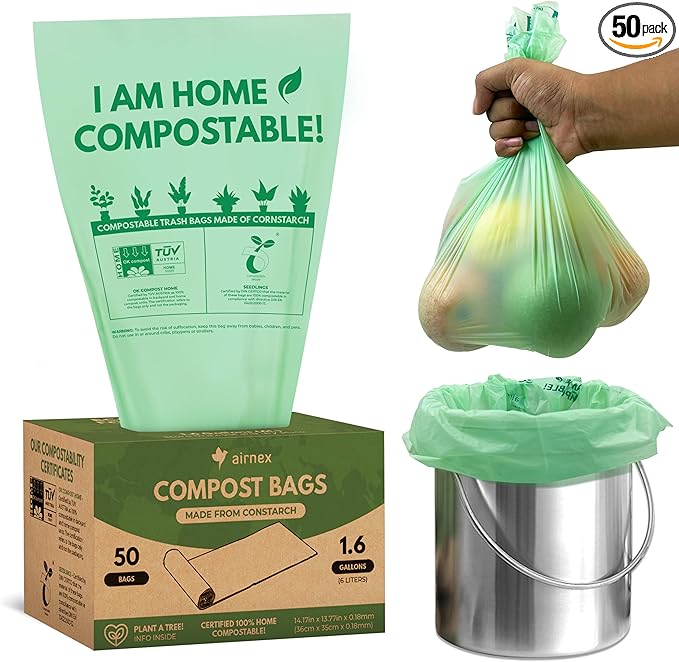 Small Compost Bags 1.6 Gal - 50 Compostable Kitchen Trash Bags for Countertop Bin - Cornstarch Leakproof & Tear-Resistant - OK Compost Home & Seedling Certified 0.18 mm Kitchen Garbage Bags