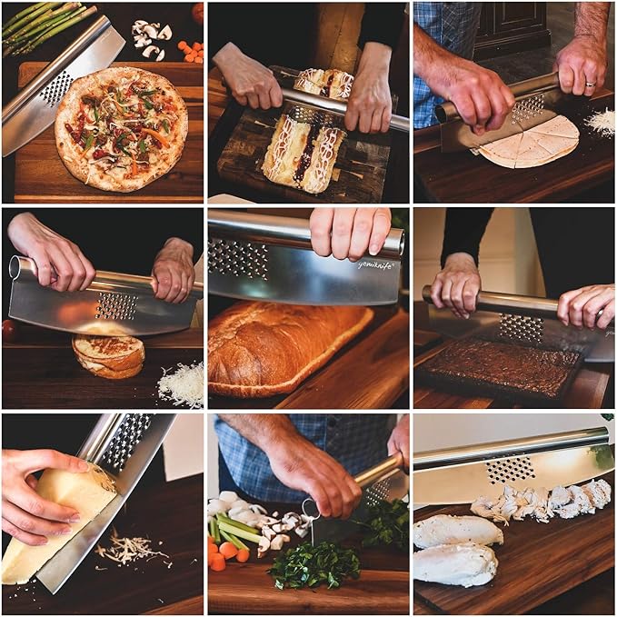 gemiknife Pizza Cutter Plus. Premium 14” Sharp Rocker Slicer + Built In Cheese Grater. Thick & Sturdy Stainless Steel Blade + Centered Handle + Protective Knife Cover + Dishwasher Safe.