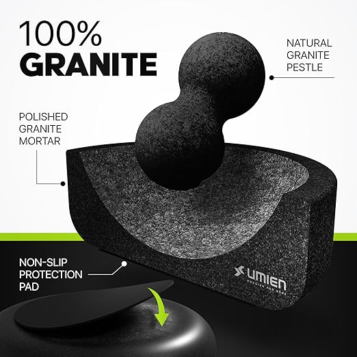 Umien Granite Mortar and Pestle Set - 8-Inch Natural Stone Molcajete with Avocado Tool - 3.5 Cup Capacity for Spices, Herbs, Pestos & Guacamole - Premium Kitchen Gift (Black)