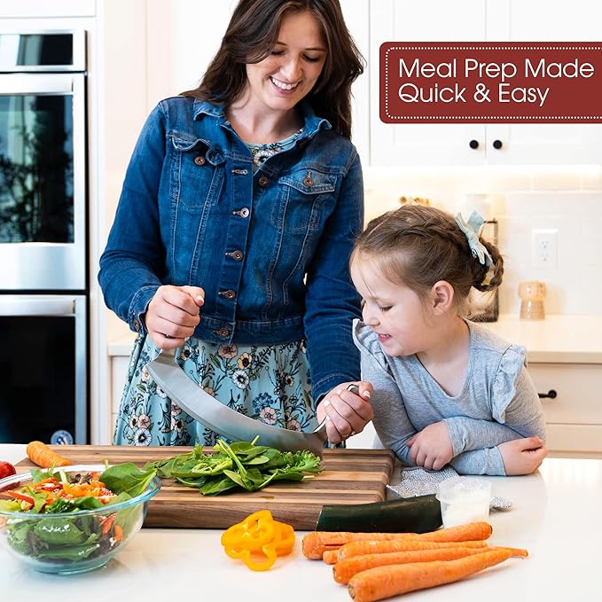 Stainless Steel Mezzaluna Knife with Cover – 12 In. Curved Blade with Solid Steel Handles & Mezzaluna Sheath – Pizza Cutter Rocker, Rocker Knife Veggie Cutter, Salad Chopper, & Herb Cutter