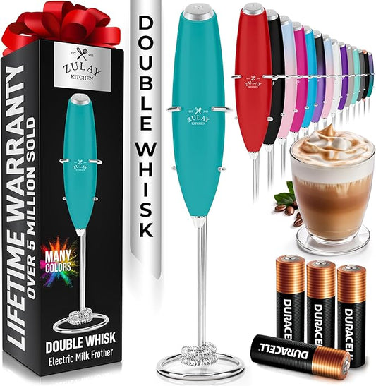 Zulay Kitchen Whisk Milk Frother with 4 Duracell Batteries - Powerful Handheld Foam Maker for Coffee, Lattes, Matcha, Hot Chocolate & Cappuccinos - Whip Creamy Froth in Seconds