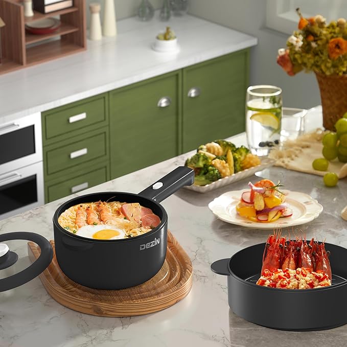 Dezin Hot Pot Electric, 2L Non-Stick Sauté Pan, Rapid Noodles Cooker, Mini Portable Pot for Steak, Egg, Fried Rice, Ramen, Oatmeal, Soup with Power Adjustment & Spatula, College Dorm Room Essential