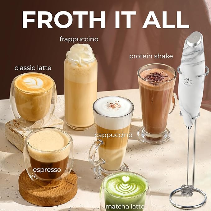 Zulay Kitchen Patented Tornado Triple Whisk Milk Frother with 4 Duracell Batteries – Handheld Foam Maker for Coffee, Lattes, Matcha & Hot Chocolate – Rich, Creamy Froth in Seconds