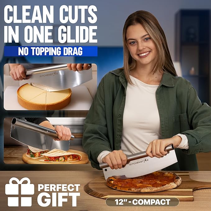 KitchenStar 12-Inch Pizza Cutter Rocker Blade - Sharp Stainless Steel Slicer Knife, Protective Cover, Dishwasher Safe, Small - Professional Pizza Oven Accessories