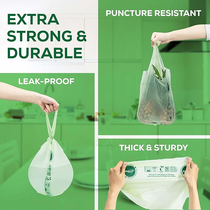 ANECO Compostable Food Waste Bags 3 Gallon With Handles (30 Count), Extra Strong Compost Bags for Kitchen Countertop Bin - BPI & OK Compost HOME Certified Small Garbage Bags With Handles