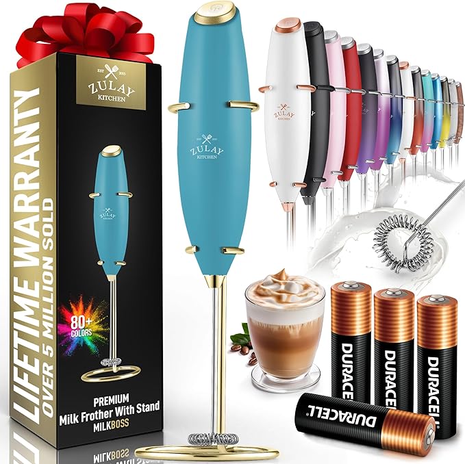 Zulay Kitchen Powerful Milk Frother Wand With 4 AA Duracell Batteries - Ultra Fast Handheld Drink Mixer - Electric Whisk Foam Maker for Coffee, Lattes, Cappuccino, Matcha & Creamer