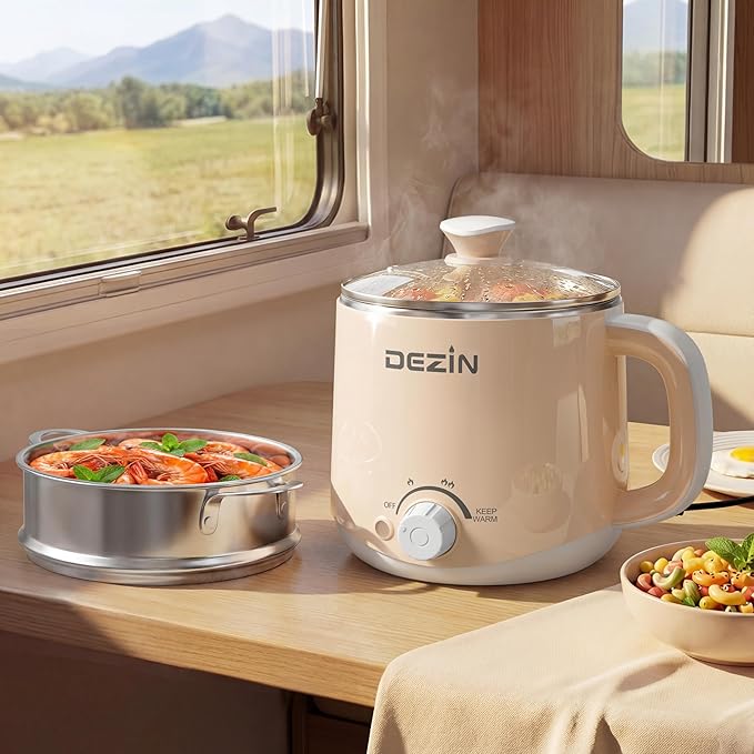 Dezin Hot Pot Electric with Steamer, Rapid Noodles Cooker, Stainless Steel Electric Pot 1.6 Liter, Perfect for Ramen, Egg, Dumpling, Soup, Oatmeal with Temperature Control and Keep Warm Function