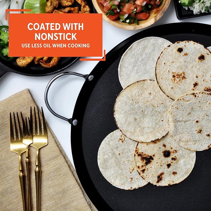 IMUSA 13.5in Carbon Steel Nonstick Round Comal with Metal Handles, Black