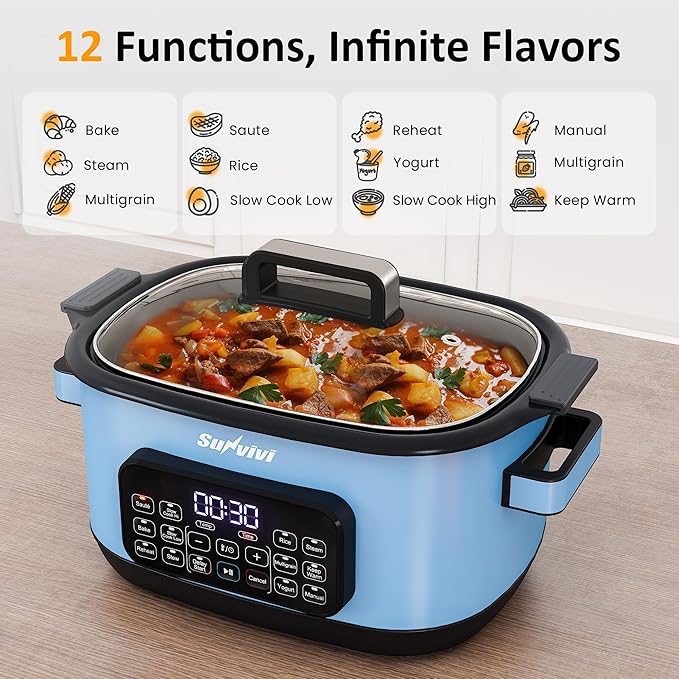 Sunvivi 12-in-1 Multi Slow Cooker Roaster Oven, 6.5QT Sliver Digital Programmable Slow Cooker with Rack, Large Removable Nonstick Crock, Glass Lid, Multicooker with Timer Temp Control, Blue