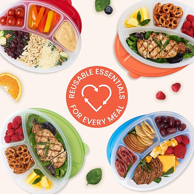 Bentgo Easyboxes 4-Compartment Oval Containers - Patented Design 8-Piece Set; 4 Trays & 4 Fitted Lids Seal in Freshness; Reusable Food Storage & Meal Prep BPA-Free Containers (Classic)