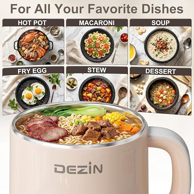 Dezin Hot Pot Electric with Steamer, Rapid Noodles Cooker, Stainless Steel Electric Pot 1.6 Liter, Perfect for Ramen, Egg, Dumpling, Soup, Oatmeal with Temperature Control and Keep Warm Function