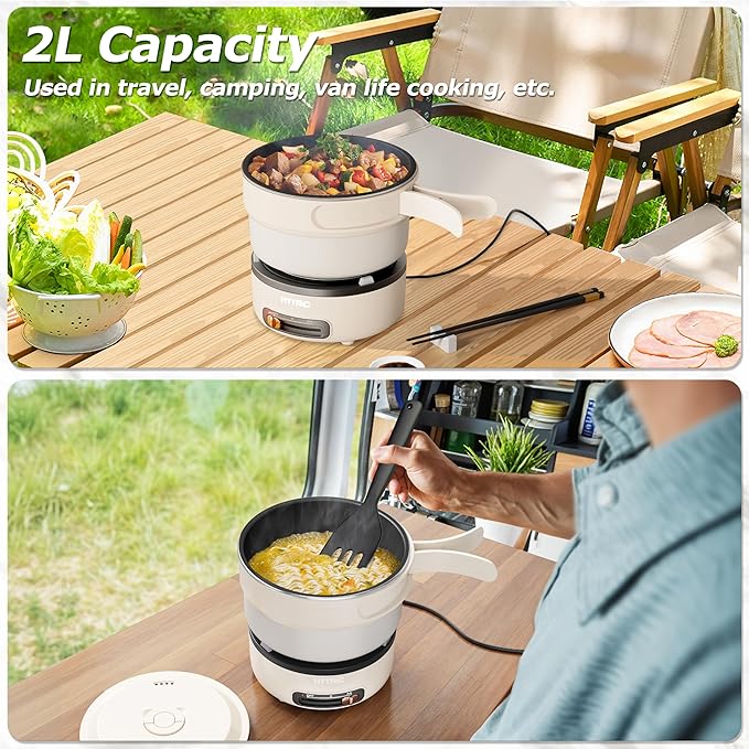 HYTRIC Electric Cooker, 2L Portable Electric Cooker with Foldable Handle, Non-Stick Electric Cooker with Dual Power Control for Camp, Dorm, Multi-Function Ramen Cooker for Oatmeal, Steak, Pasta,