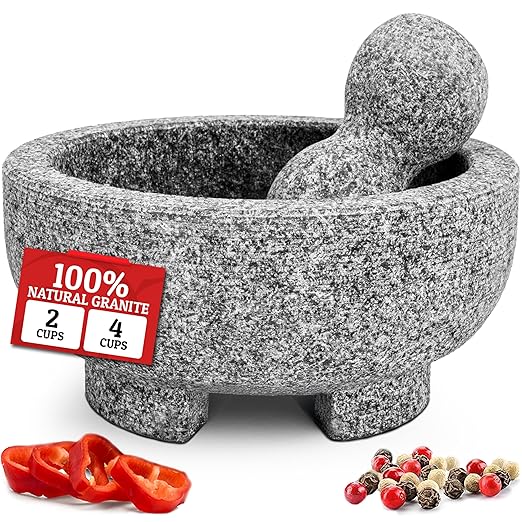 PriorityChef Granite Mortar and Pestle Set - 6.1 Inch Natural Stone Molcajete Mexicano for Spices, Seasonings, Pastes - Pestle and Mortar Bowl for Fresh Guacamole, Salsa, Pesto, Small, Grey