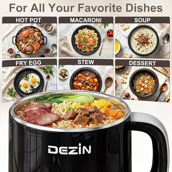Dezin Hot Pot Electric, Rapid Noodles Cooker, Stainless Steel Electric Pot 1.6 Liter, Perfect for Ramen, Egg, Pasta, Dumpling, Soup, Porridge, Oatmeal with Temperature Control and Keep Warm Function