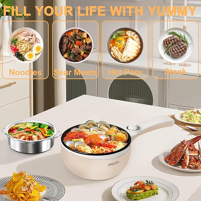 Dezin Hot Pot Electric with Steamer Upgraded, Non-Stick Sauté Pan, Rapid Noodles Electric Pot, 1.5L Mini Pot for Steak, Egg, Fried Rice, Ramen, Oatmeal, Soup with Power Adjustment