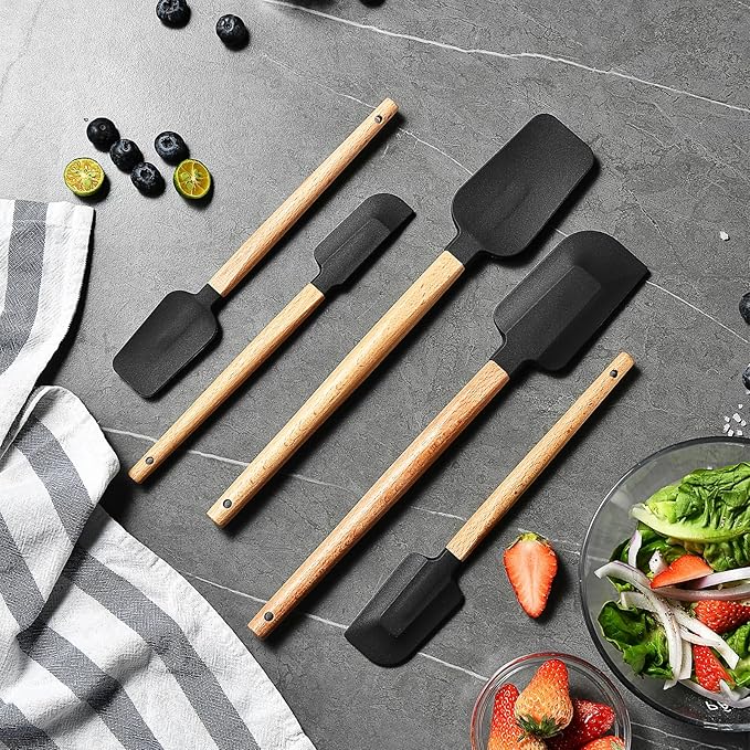 Black Silicone Spatula Set, Food Grade Rubber Spatula-5 Piece Nonstick Rubber Spatulas, Spoonula, Jar Scraper for Cooking, Baking, Mixing, Frosting