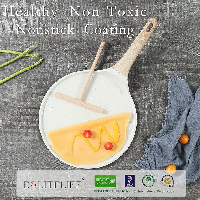 ESLITE LIFE 9.5 Inch Crepe Pan with Spreader, Nonstick Ceramic Coating Dosa Pan, Roti Tawa Comal Para Tortillas Pancake Griddle Pan, Induction Compatible, PTFE & PFOA Free, White