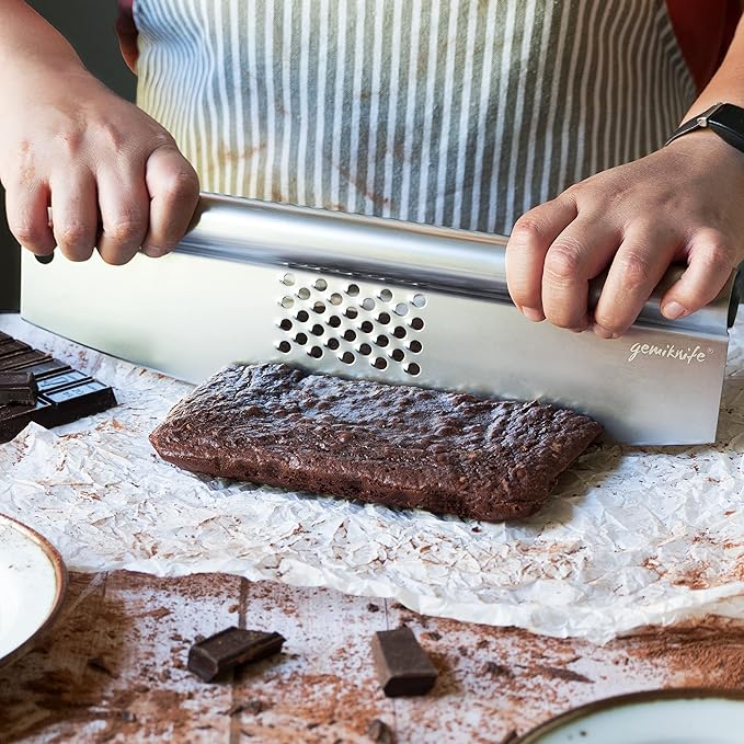 gemiknife Pizza Cutter Plus. Premium 14” Sharp Rocker Slicer + Built In Cheese Grater. Thick & Sturdy Stainless Steel Blade + Centered Handle + Protective Knife Cover + Dishwasher Safe.