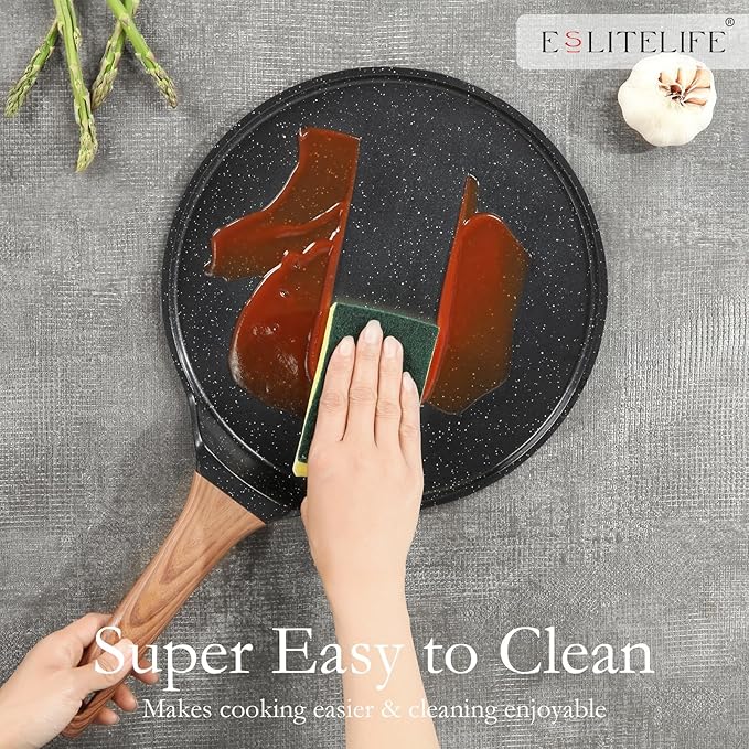 ESLITE LIFE 9.5 Inch Crepe Pan with Spreader, Nonstick Granite Coating Dosa Pan, Roti Tawa Comal Para Tortillas Pancake Griddle Pan, Induction Compatible, PTFE & PFOA Free, Black (Pack of 2)