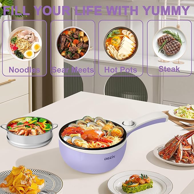 Dezin Hot Pot Electric with Steamer Upgraded, Non-Stick Sauté Pan, Rapid Noodles Electric Pot, 1.5L Mini Pot for Steak, Egg, Fried Rice, Ramen, Oatmeal, Soup with Power Adjustment