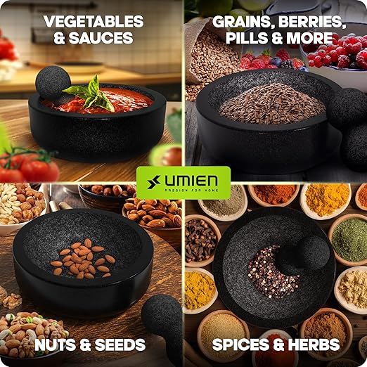 Umien Granite Mortar and Pestle Set - 8-Inch Natural Stone Molcajete with Avocado Tool - 3.5 Cup Capacity for Spices, Herbs, Pestos & Guacamole - Premium Kitchen Gift (Black)
