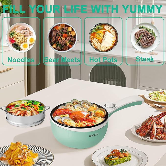 Dezin Hot Pot Electric with Steamer Upgraded, Non-Stick Sauté Pan, Rapid Noodles Electric Pot, 1.5L Mini Pot for Steak, Egg, Fried Rice, Ramen, Oatmeal, Soup with Power Adjustment