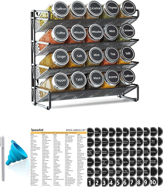 SpaceAid Spice Rack Organizer with 20 Spice Jars, 386 Spice Labels, Chalk Marker and Funnel Set for Cabinet, Countertop, Pantry, Cupboard or Door & Wall Mount - 20 Jars, 9.8" W × 10.8“H, Black