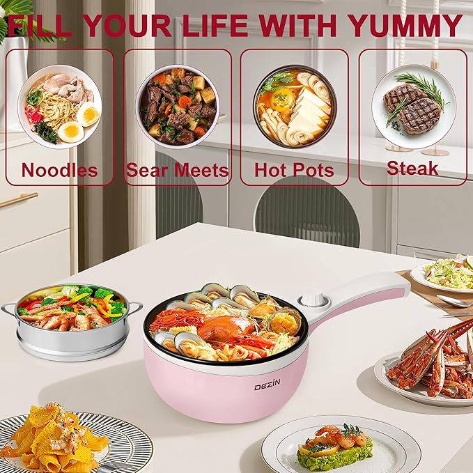 Dezin Hot Pot Electric with Steamer Upgraded, Non-Stick Sauté Pan, Rapid Noodles Electric Pot, 1.5L Mini Pot for Steak, Egg, Fried Rice, Ramen, Oatmeal, Soup with Power Adjustment