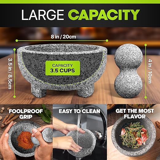 Umien Granite Mortar and Pestle Set - 8-Inch Natural Stone Molcajete with Avocado Tool - 3.5 Cup Capacity for Spices, Herbs, Pestos & Guacamole - Premium Kitchen Gift (Grey)