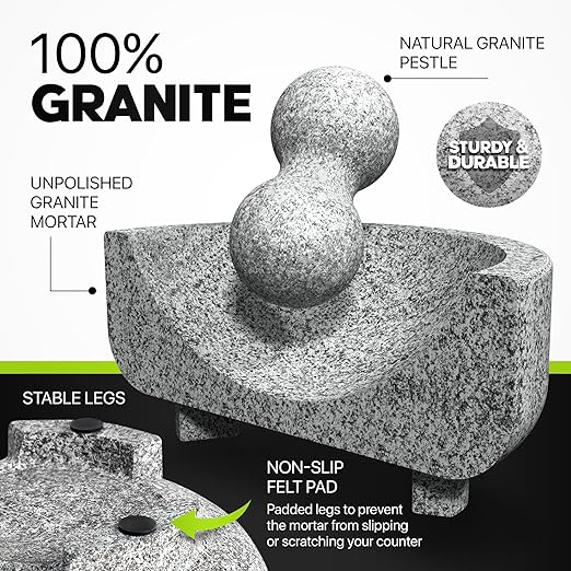 Umien Granite Mortar and Pestle Set - 8-Inch Natural Stone Molcajete with Avocado Tool - 3.5 Cup Capacity for Spices, Herbs, Pestos & Guacamole - Premium Kitchen Gift (Grey)