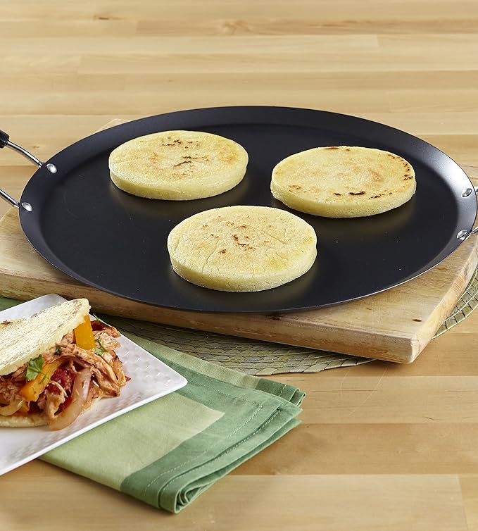 IMUSA 11in Carbon Steel Nonstick Round Comal with Metal Handles, Black