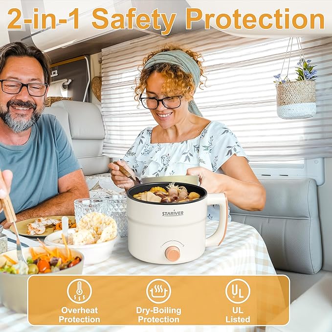 Stariver 1.5L Electric Hot Pot with Dual Power - Mini Portable Non-Stick Noodle Cooker for Ramen, Soup, Pasta, Egg, Oatmeal - Overheat & Boil-Dry Protection - Ideal for Dorm, Office, Travel Gift