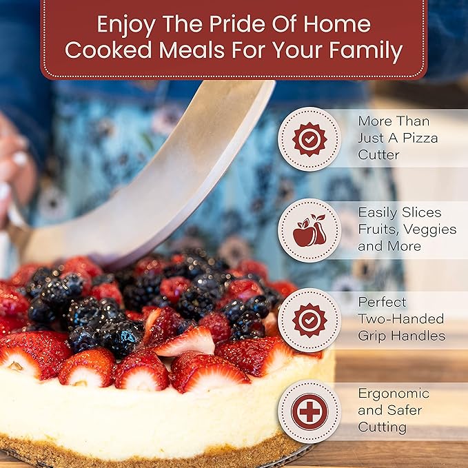 Stainless Steel Mezzaluna Knife with Cover – 12 In. Curved Blade with Solid Steel Handles & Mezzaluna Sheath – Pizza Cutter Rocker, Rocker Knife Veggie Cutter, Salad Chopper, & Herb Cutter