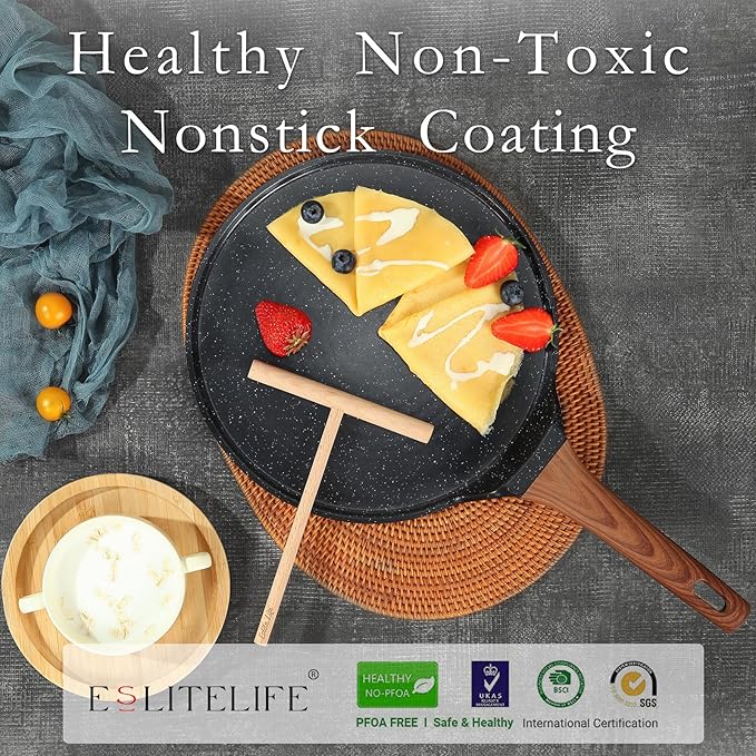 ESLITE LIFE 11 Inch Crepe Pan with Spreader, Nonstick Granite Coating Dosa Pan, Roti Tawa Comal Para Tortillas Pancake Griddle Pan, Induction Compatible, PTFE & PFOA Free, Black (Pack of 2)